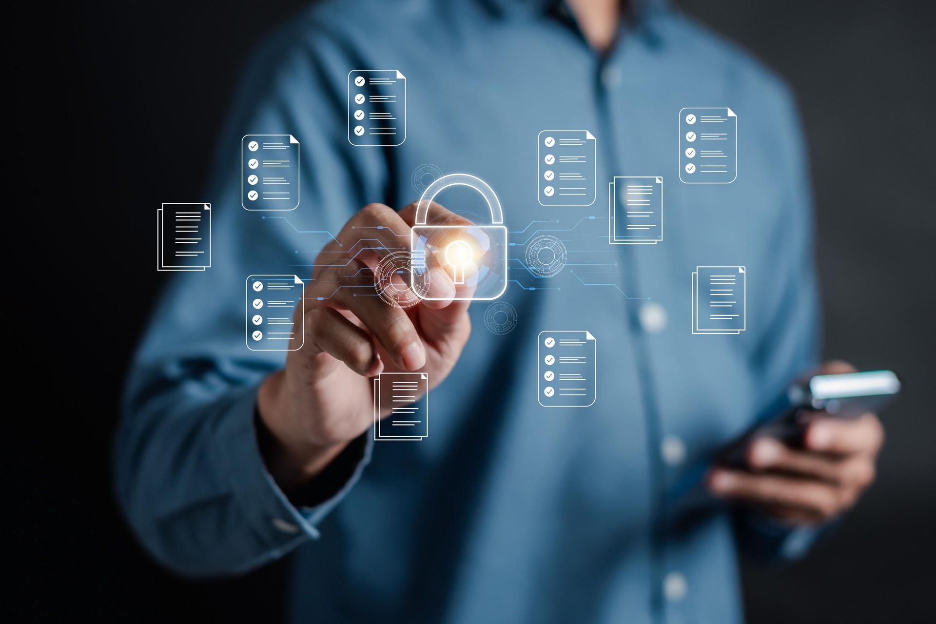 Document Safety and Security Protection System, document database file management and e-document online concept.